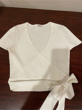 Little Moon White Ribbed Short Sleeve Crop Top with Waist Tie